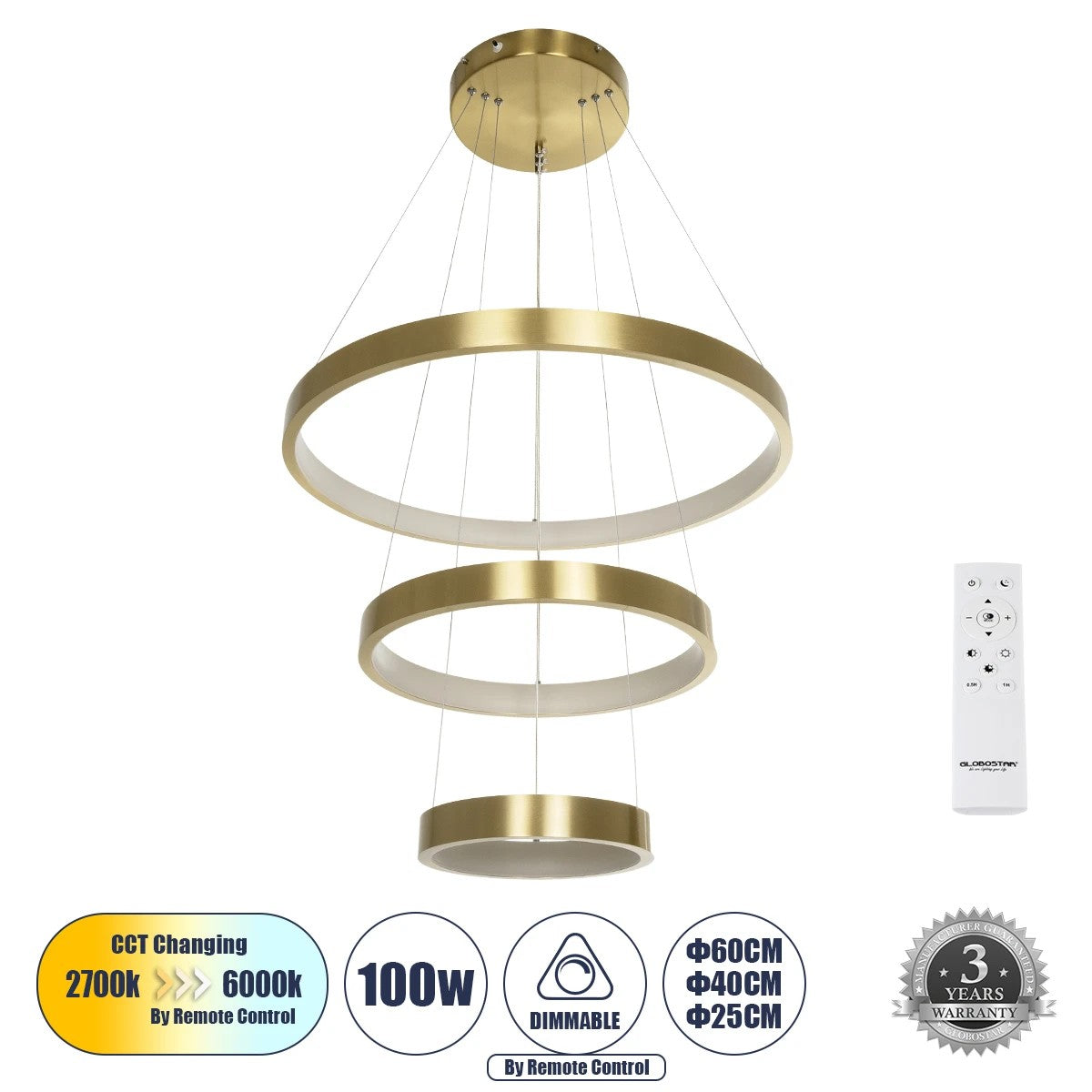 NEMESIS TRIO 61169 Μοντέρνο Κρεμαστό Φωτιστικό Οροφής LED 100W 12123lm 360° AC 220-240V IP20 Ρυθμιζόμενο Λευκό CCT με Χειριστήριο από 2700K έως 6000K Dimmable - Lumileds SMD Chip - Χρυσό Βούρτσας - Μ60 x Π60 x Υ60