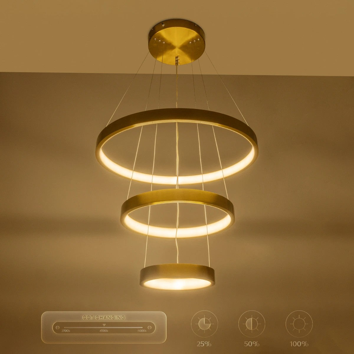 NEMESIS TRIO 61169 Μοντέρνο Κρεμαστό Φωτιστικό Οροφής LED 100W 12123lm 360° AC 220-240V IP20 Ρυθμιζόμενο Λευκό CCT με Χειριστήριο από 2700K έως 6000K Dimmable - Lumileds SMD Chip - Χρυσό Βούρτσας - Μ60 x Π60 x Υ60