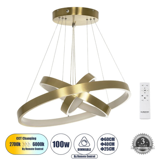 NEMESIS TRIO 61169-DECO Μοντέρνο Κρεμαστό Φωτιστικό Οροφής LED 100W 12123lm 360° AC 220-240V IP20 Ρυθμιζόμενο Λευκό CCT με Χειριστήριο από 2700K έως 6000K Dimmable - Lumileds SMD Chip - Χρυσό Βούρτσας - Μ60 x Π60 x Υ60