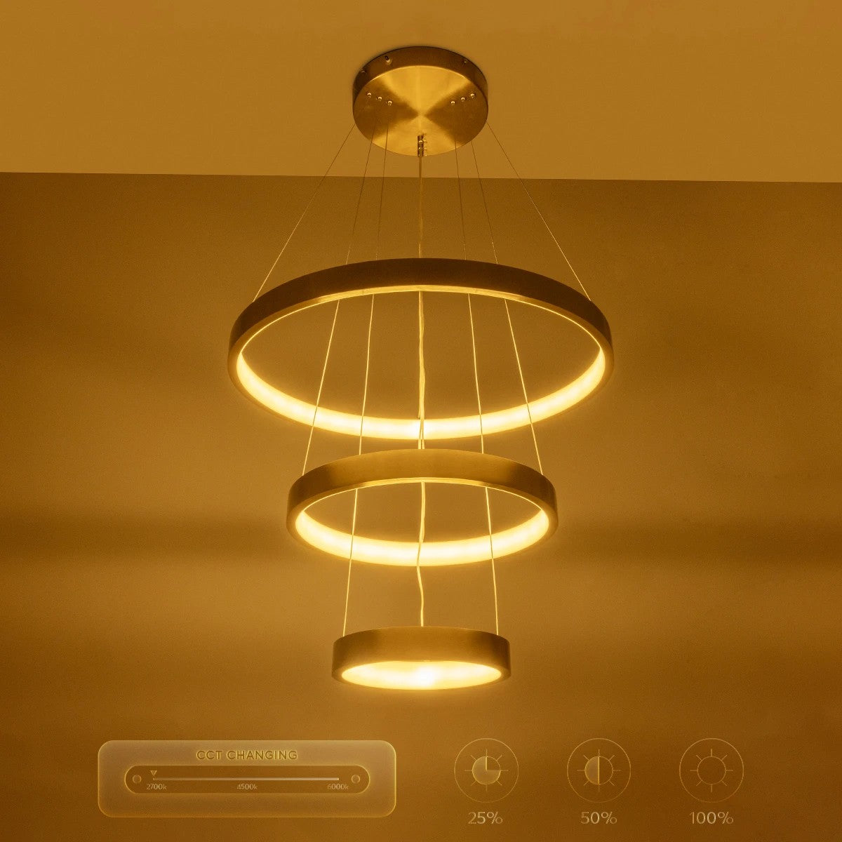 NEMESIS TRIO 61169-DECO Μοντέρνο Κρεμαστό Φωτιστικό Οροφής LED 100W 12123lm 360° AC 220-240V IP20 Ρυθμιζόμενο Λευκό CCT με Χειριστήριο από 2700K έως 6000K Dimmable - Lumileds SMD Chip - Χρυσό Βούρτσας - Μ60 x Π60 x Υ60