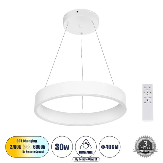 VENOM 61174 Μοντέρνο Κρεμαστό Φωτιστικό Οροφής LED 30W 3513lm 120° AC 220-240V IP20 Ρυθμιζόμενο Λευκό CCT με Χειριστήριο από 2700K έως 6000K Dimmable - Lumileds SMD Chip - Λευκό Ματ - Μ40 x Π40 x Υ6.5