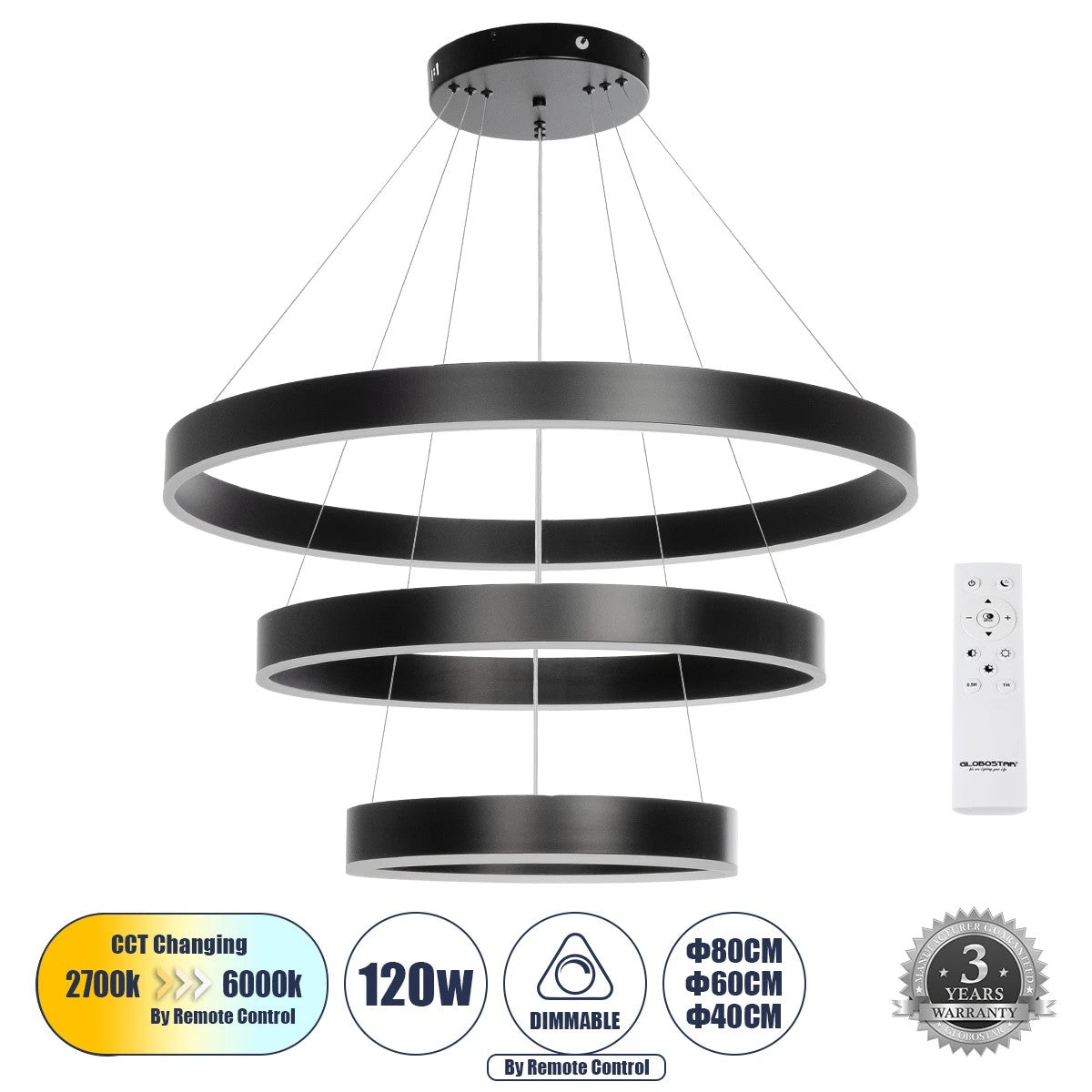 VENOM TRIO 61188 Μοντέρνο Κρεμαστό Φωτιστικό Οροφής LED 120W 14158lm 120° AC 220-240V IP20 Ρυθμιζόμενο Λευκό CCT με Χειριστήριο από 2700K έως 6000K Dimmable - Lumileds SMD Chip - Μαύρο Ματ - Μ80 x Π80 x Υ60