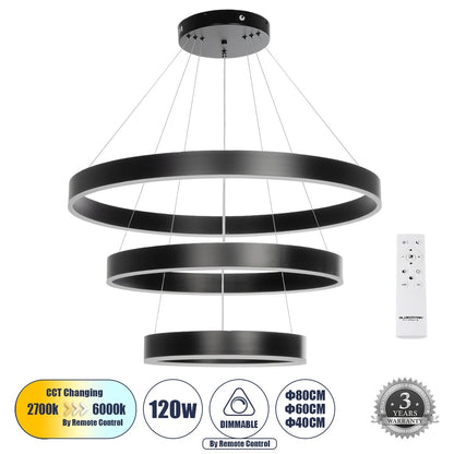 VENOM TRIO 61188 Μοντέρνο Κρεμαστό Φωτιστικό Οροφής LED 120W 14158lm 120° AC 220-240V IP20 Ρυθμιζόμενο Λευκό CCT με Χειριστήριο από 2700K έως 6000K Dimmable - Lumileds SMD Chip - Μαύρο Ματ - Μ80 x Π80 x Υ60