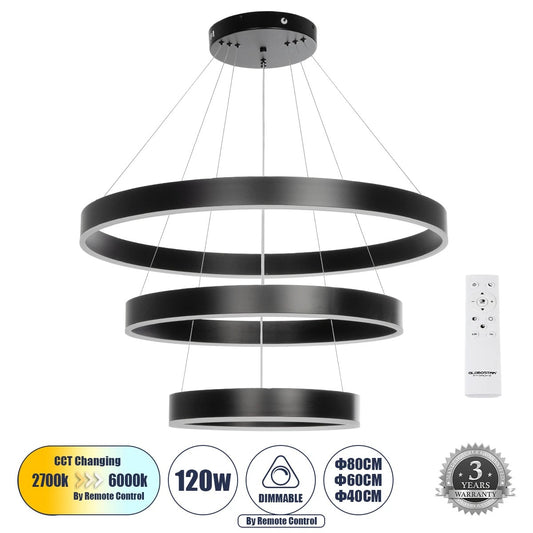 VENOM TRIO 61188 Μοντέρνο Κρεμαστό Φωτιστικό Οροφής LED 120W 14158lm 120° AC 220-240V IP20 Ρυθμιζόμενο Λευκό CCT με Χειριστήριο από 2700K έως 6000K Dimmable - Lumileds SMD Chip - Μαύρο Ματ - Μ80 x Π80 x Υ60