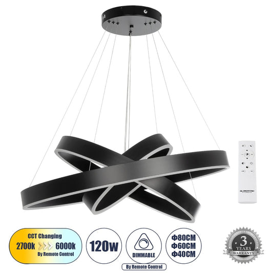 VENOM TRIO 61188-DECO Μοντέρνο Κρεμαστό Φωτιστικό Οροφής LED 120W 14158lm 120° AC 220-240V IP20 Ρυθμιζόμενο Λευκό CCT με Χειριστήριο από 2700K έως 6000K Dimmable - Lumileds SMD Chip - Μαύρο Ματ - Μ80 x Π80 x Υ60