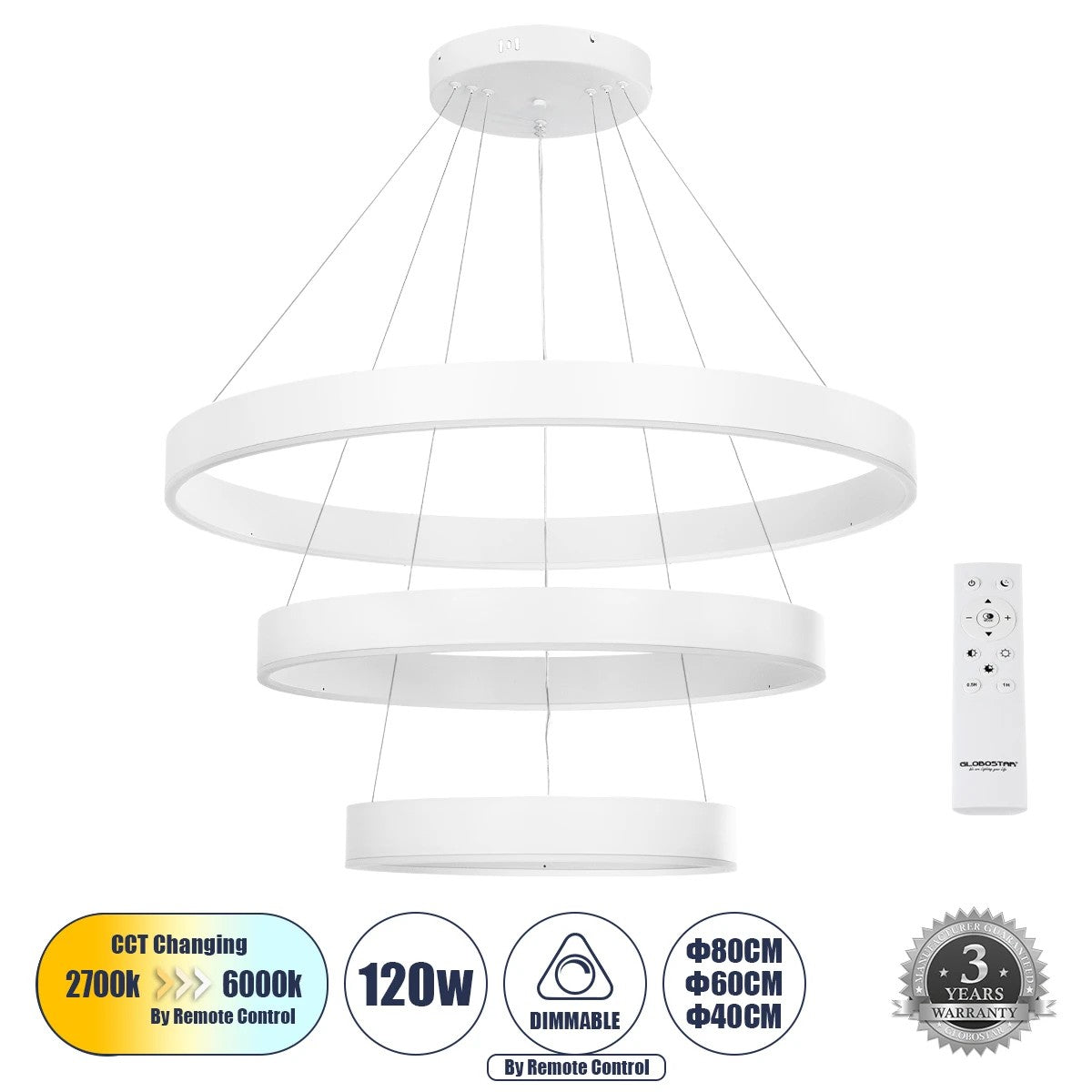 VENOM TRIO 61189 Μοντέρνο Κρεμαστό Φωτιστικό Οροφής LED 120W 14158lm 120° AC 220-240V IP20 Ρυθμιζόμενο Λευκό CCT με Χειριστήριο από 2700K έως 6000K Dimmable - Lumileds SMD Chip - Λευκό Ματ - Μ80 x Π80 x Υ60