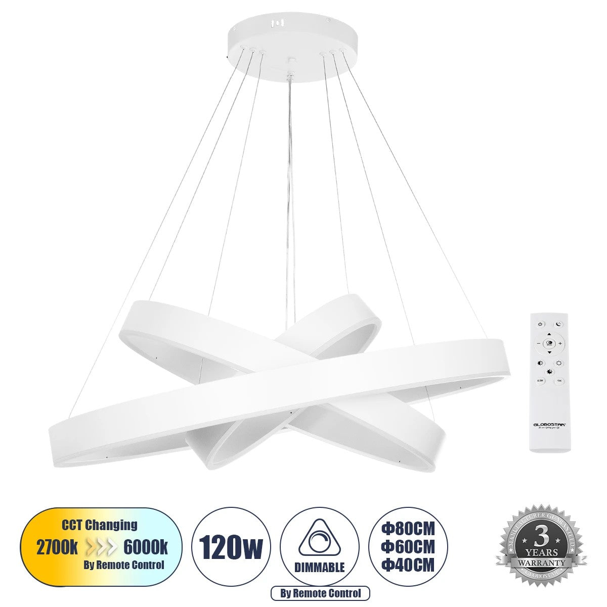 VENOM TRIO 61189-DECO Μοντέρνο Κρεμαστό Φωτιστικό Οροφής LED 120W 14158lm 120° AC 220-240V IP20 Ρυθμιζόμενο Λευκό CCT με Χειριστήριο από 2700K έως 6000K Dimmable - Lumileds SMD Chip - Λευκό Ματ - Μ80 x Π80 x Υ60