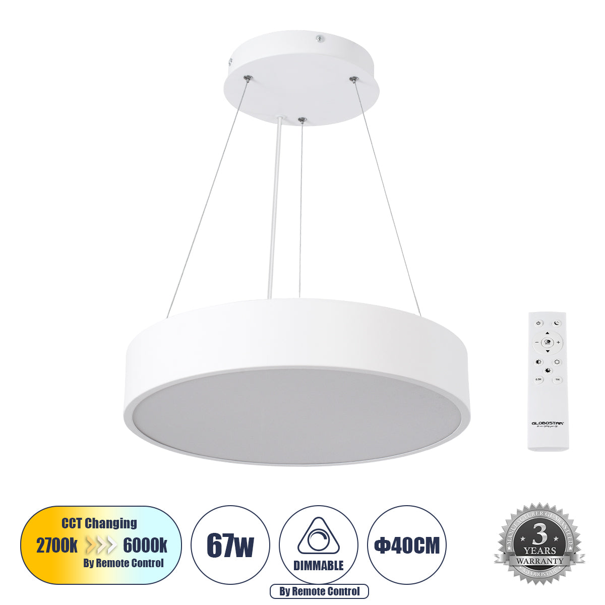 BURTON 61201 Μοντέρνο Κρεμαστό Φωτιστικό Οροφής LED 67W 7370lm 120° AC 220-240V IP20 Ρυθμιζόμενο Λευκό CCT με Χειριστήριο από 2700K έως 6000K Dimmable - Lumileds SMD Chip - Λευκό Ματ - Μ40 x Π40 x Υ8
