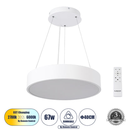 BURTON 61201 Μοντέρνο Κρεμαστό Φωτιστικό Οροφής LED 67W 7370lm 120° AC 220-240V IP20 Ρυθμιζόμενο Λευκό CCT με Χειριστήριο από 2700K έως 6000K Dimmable - Lumileds SMD Chip - Λευκό Ματ - Μ40 x Π40 x Υ8