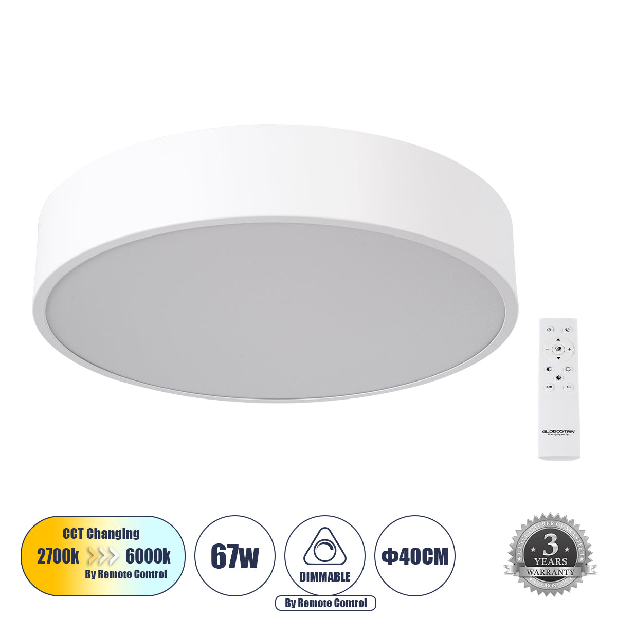 BURTON 61201-S Μοντέρνο Φωτιστικό Οροφής LED 67W 7370lm 120° AC 220-240V IP20 Ρυθμιζόμενο Λευκό CCT με Χειριστήριο από 2700K έως 6000K Dimmable - Lumileds SMD Chip - Λευκό Ματ - Μ40 x Π40 x Υ8