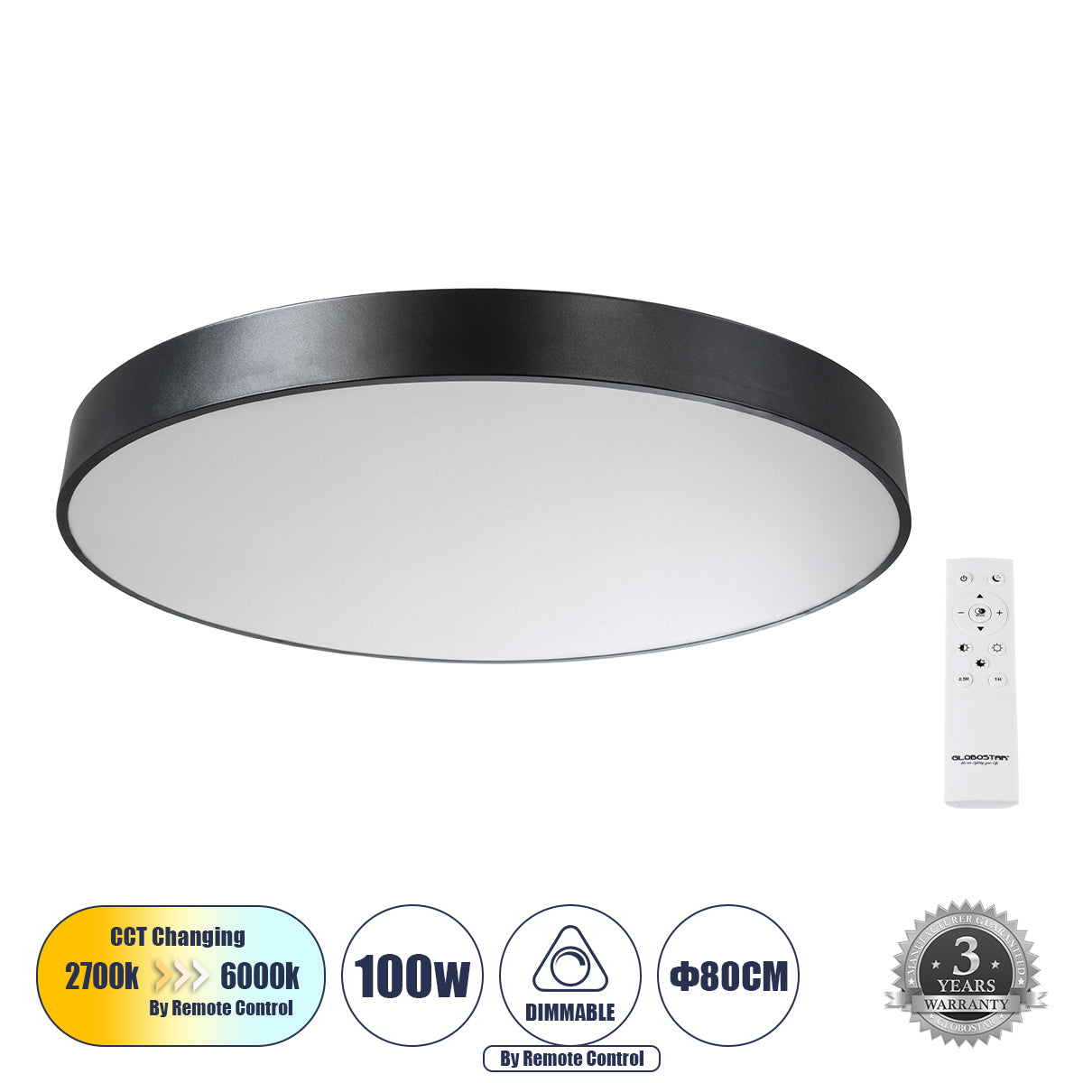 BURTON 61204-S Μοντέρνο Φωτιστικό Οροφής LED 100W 11020lm 120° AC 220-240V IP20 Ρυθμιζόμενο Λευκό CCT με Χειριστήριο από 2700K έως 6000K Dimmable - Lumileds SMD Chip - Μαύρο Ματ - Μ80 x Π80 x Υ8