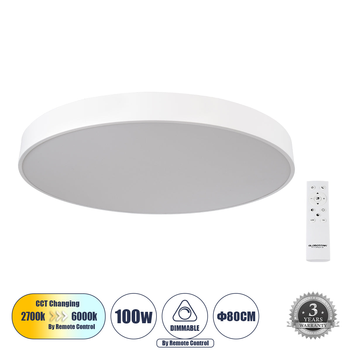 BURTON 61205-S Μοντέρνο Φωτιστικό Οροφής LED 100W 11020lm 120° AC 220-240V IP20 Ρυθμιζόμενο Λευκό CCT με Χειριστήριο από 2700K έως 6000K Dimmable - Lumileds SMD Chip - Λευκό Ματ - Μ80 x Π80 x Υ8