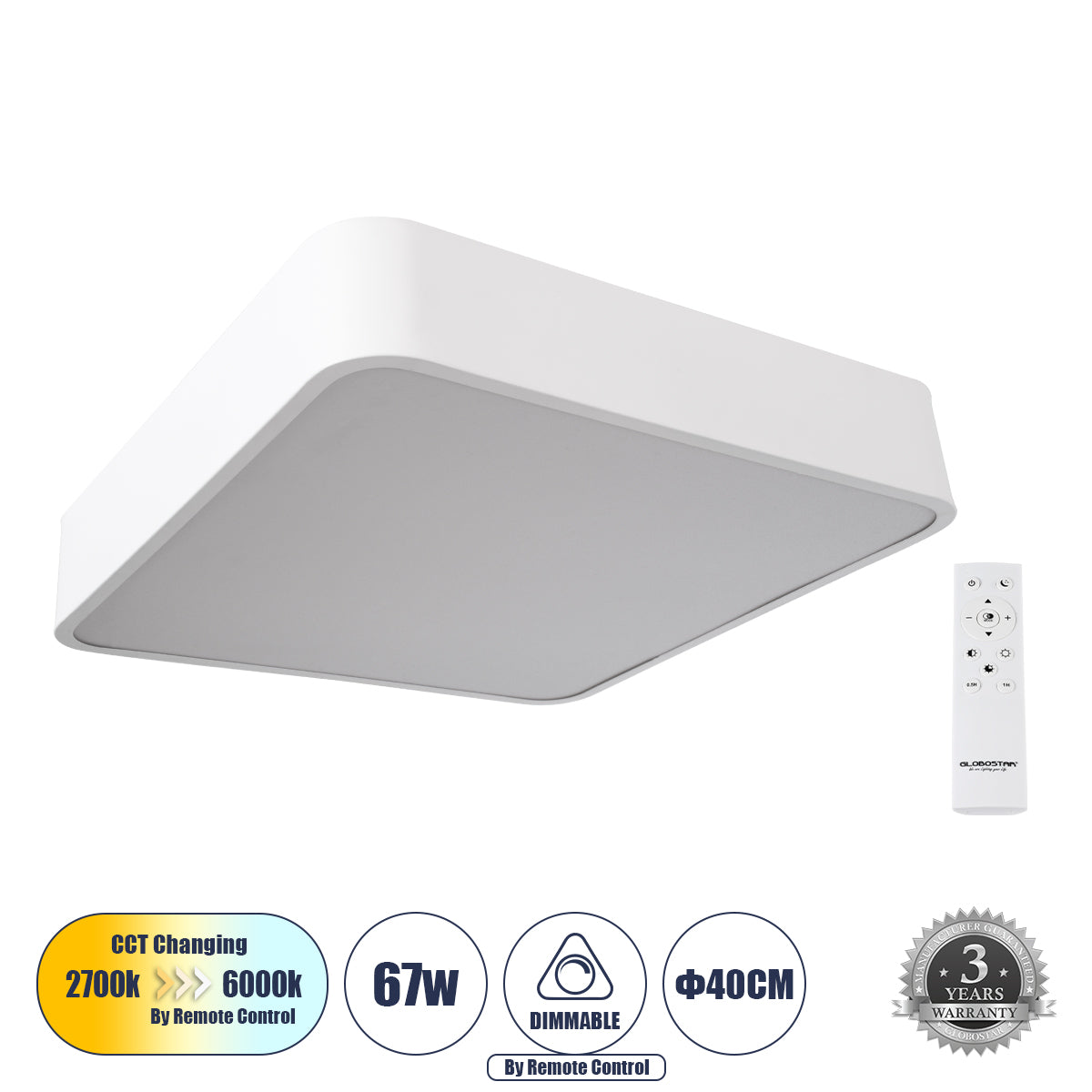 KAMALA 61207-S Μοντέρνο Φωτιστικό Οροφής LED 67W 7370lm 120° AC 220-240V IP20 Ρυθμιζόμενο Λευκό CCT με Χειριστήριο από 2700K έως 6000K Dimmable - Lumileds SMD Chip - Λευκό Ματ - Μ40 x Π40 x Υ8
