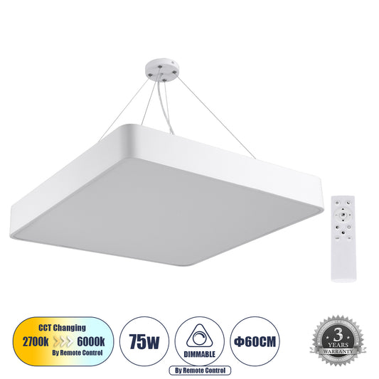 KAMALA 61209 Μοντέρνο Κρεμαστό Φωτιστικό Οροφής LED 75W 8625lm 120° AC 220-240V IP20 Ρυθμιζόμενο Λευκό CCT με Χειριστήριο από 2700K έως 6000K Dimmable - Lumileds SMD Chip - Λευκό Ματ - Μ60 x Π60 x Υ8