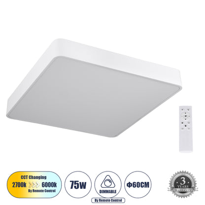 KAMALA 61209-S Μοντέρνο Φωτιστικό Οροφής LED 75W 8625lm 120° AC 220-240V IP20 Ρυθμιζόμενο Λευκό CCT με Χειριστήριο από 2700K έως 6000K Dimmable - Lumileds SMD Chip - Λευκό Ματ - Μ60 x Π60 x Υ8