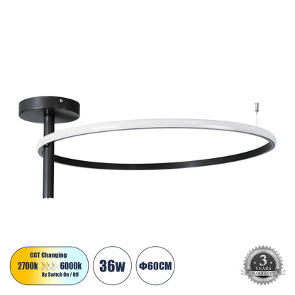 VERONA 61223 Φωτιστικό Οροφής Δαχτυλίδι-Κύκλος LED CCT 36W 4032lm 360° AC 220-240V - Εναλλαγή Φωτισμού μέσω Διακόπτη On/Off All In One Ψυχρό 6000k+Φυσικό 4500k+Θερμό 2700K Φ60 x Υ23cm - Μαύρο