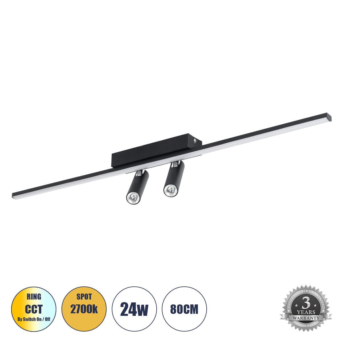 BARETTI 61226 Φωτιστικό Οροφής Linear Design LED CCT με Κινούμενα Σποτ LED Downlight 24W 2688lm 160° & 45° AC 220-240V IP20 - Εναλλαγή Φωτισμού μέσω Διακόπτη On/Off All In One Ψυχρό 6000k+Φυσικό 4500k+Θερμό 2700k - Μ80 x Π5.5 x Υ5 cm - Μαύρο