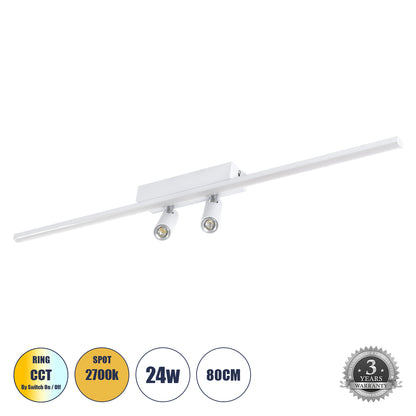BARETTI 61227 Φωτιστικό Οροφής Linear Design LED CCT με Κινούμενα Σποτ LED Downlight 24W 2688lm 160° & 45° AC 220-240V IP20 - Εναλλαγή Φωτισμού μέσω Διακόπτη On/Off All In One Ψυχρό 6000k+Φυσικό 4500k+Θερμό 2700k - Μ80 x Π5.5 x Υ5 cm - Λευκό