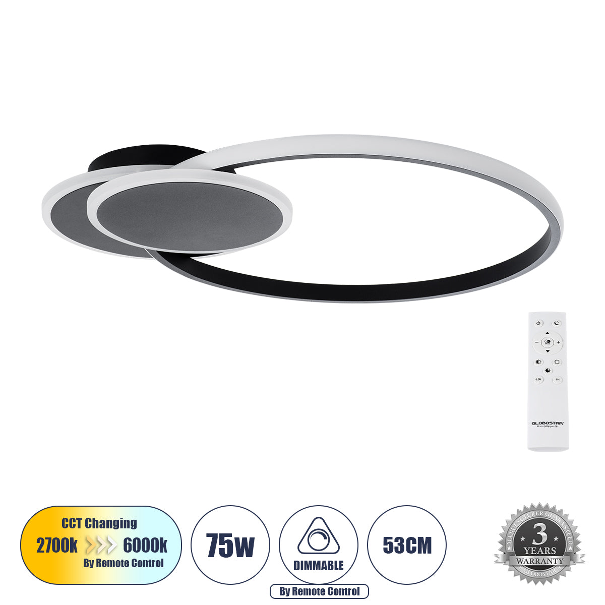 CIRCUO 61229 Modern LED Ceiling Light 75W 8400lm 360° AC 220-240V IP20 Adjustable White CCT with Remote Control from 2700K to 6000K Dimmable - Lumileds SMD Chip - Matt Black - L53 x W42.5 x H9