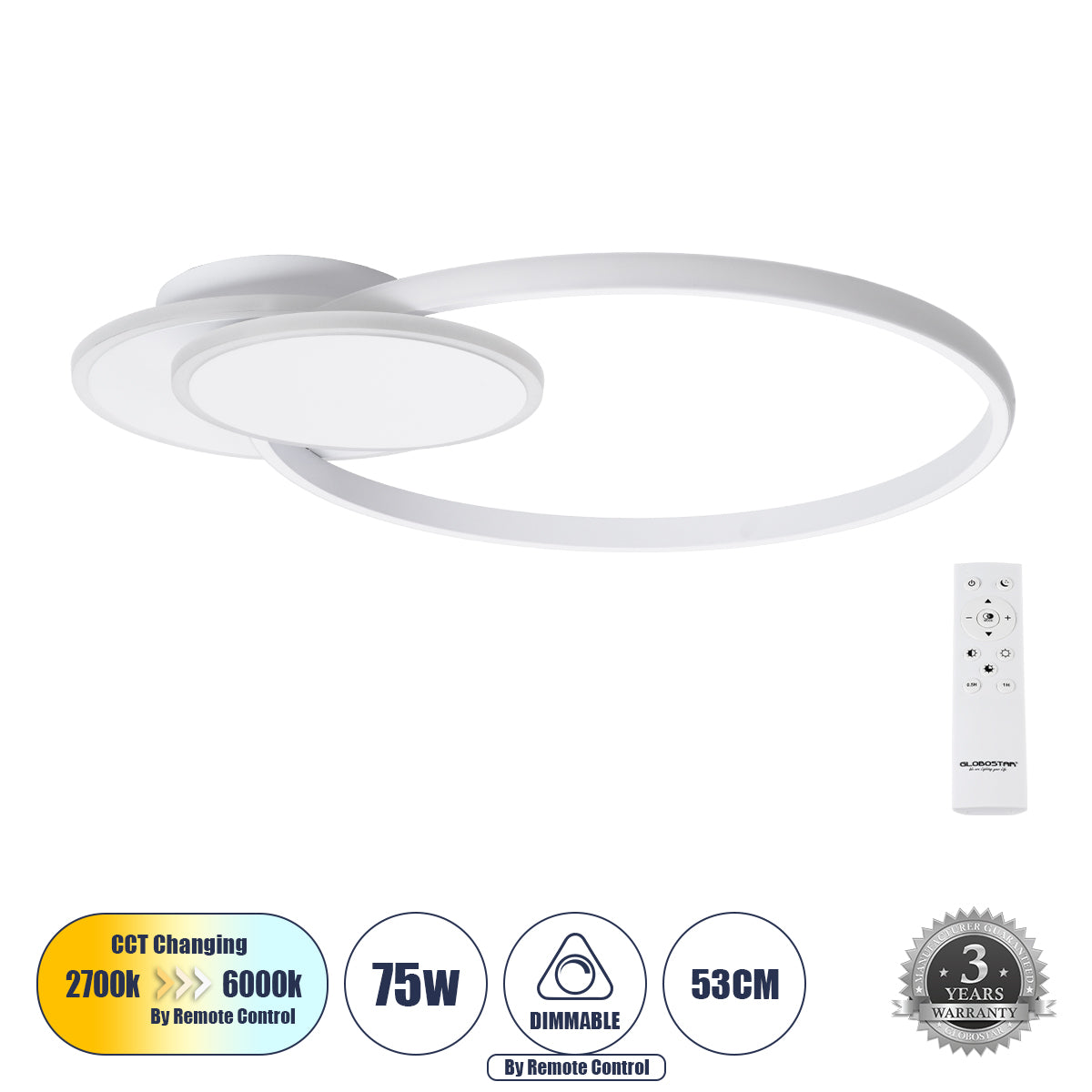 CIRCUO 61230 Μοντέρνο Φωτιστικό Οροφής LED 75W 8400lm 360° AC 220-240V IP20 Ρυθμιζόμενο Λευκό CCT με Χειριστήριο από 2700K έως 6000K Dimmable - Lumileds SMD Chip - Λευκό Ματ - Μ53 x Π42.5 x Υ9