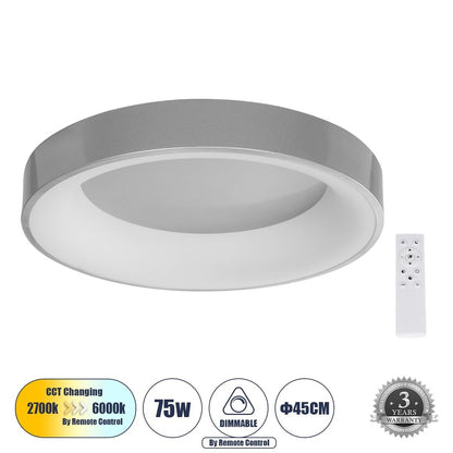 SALEM 61234 Μοντέρνο Φωτιστικό Οροφής LED 75W 8625lm 120° AC 220-240V IP20 Ρυθμιζόμενο Λευκό CCT με Χειριστήριο από 2700K έως 6000K Dimmable - Lumileds SMD Chip - Γκρι - Μ45 x Π45 x Υ9