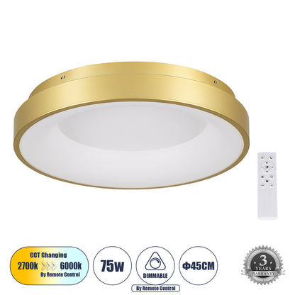 SALEM 61235 Μοντέρνο Φωτιστικό Οροφής LED 75W 8625lm 120° AC 220-240V IP20 Ρυθμιζόμενο Λευκό CCT με Χειριστήριο από 2700K έως 6000K Dimmable - Lumileds SMD Chip - Χρυσό - Μ45 x Π45 x Υ8.5