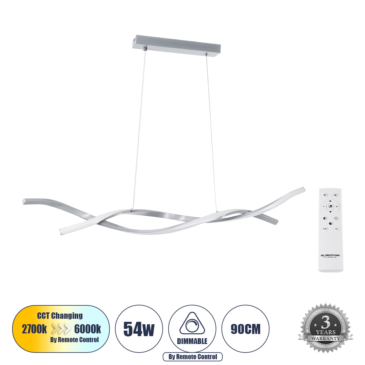 MORALES 61277 Modern LED Pendant Ceiling Light 54W 6048lm 300° AC 220-240V IP20 Adjustable White CCT with Remote Control from 2700K to 6000K Dimmable - Lumileds SMD Chip - Brushed Nickel - L90 x W14 x H14