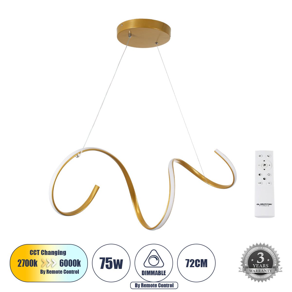 SPIRALE 61286 Μοντέρνο Κρεμαστό Φωτιστικό Οροφής LED 75W 8400lm 300° AC 220-240V IP20 Ρυθμιζόμενο Λευκό CCT με Χειριστήριο από 2700K έως 6000K Dimmable - Lumileds SMD Chip - Χρυσό Βούρτσας - Μ72 x Π25 x Υ30