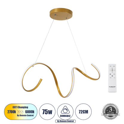 SPIRALE 61286 Μοντέρνο Κρεμαστό Φωτιστικό Οροφής LED 75W 8400lm 300° AC 220-240V IP20 Ρυθμιζόμενο Λευκό CCT με Χειριστήριο από 2700K έως 6000K Dimmable - Lumileds SMD Chip - Χρυσό Βούρτσας - Μ72 x Π25 x Υ30