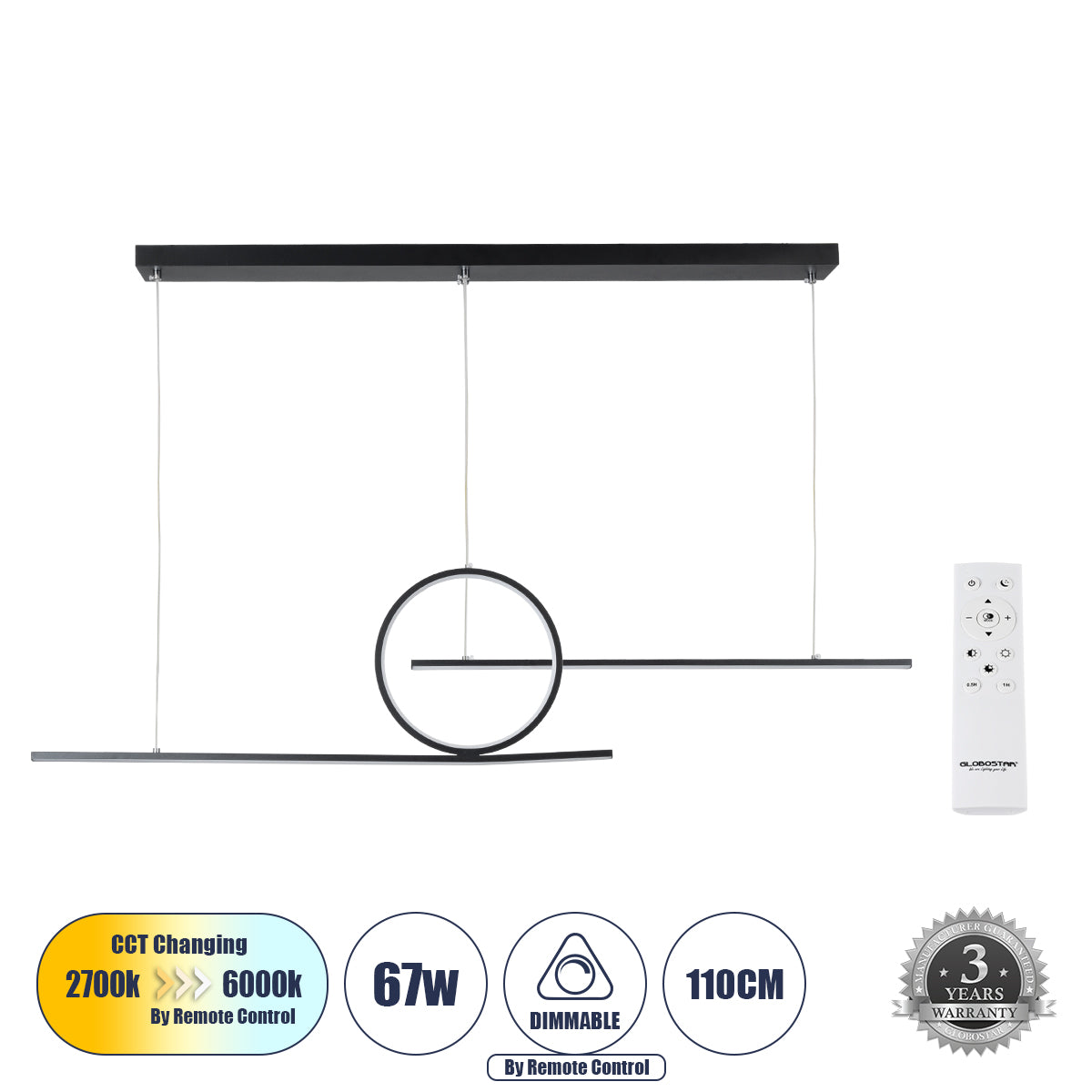 TEREZA 61288 Modern LED Ceiling Pendant Lamp 67W 7504lm 300° AC 220-240V IP20 Adjustable White CCT with Remote Control from 2700K to 6000K Dimmable - Lumileds SMD Chip - Matte Black - L110 x W4.5 x H34