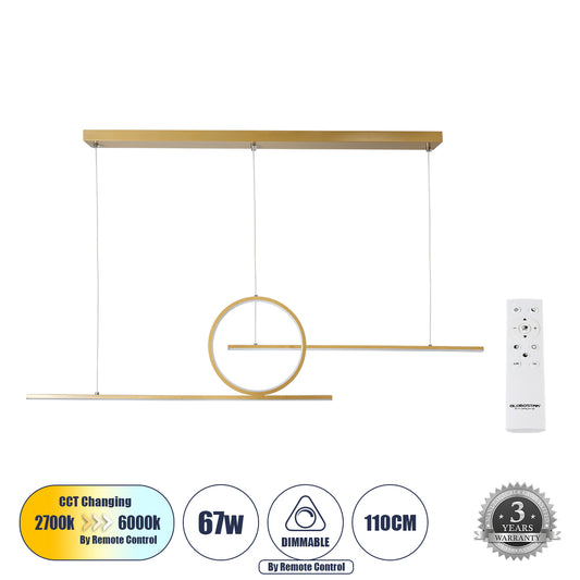 TEREZA 61289 Μοντέρνο Κρεμαστό Φωτιστικό Οροφής LED 67W 7504lm 300° AC 220-240V IP20 Ρυθμιζόμενο Λευκό CCT με Χειριστήριο από 2700K έως 6000K Dimmable - Lumileds SMD Chip - Χρυσό Βούρτσας - Μ110 x Π4.5 x Υ34