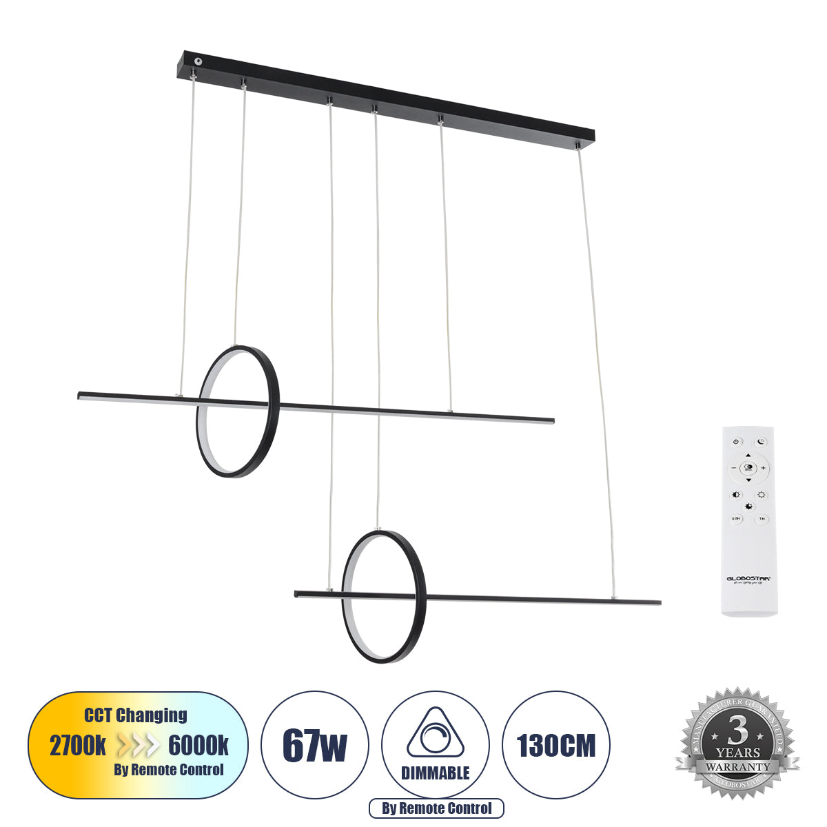 LINEARE 61290 Μοντέρνο Κρεμαστό Φωτιστικό Οροφής LED 67W 7504lm 300° AC 220-240V IP20 Ρυθμιζόμενο Λευκό CCT με Χειριστήριο από 2700K έως 6000K Dimmable - Lumileds SMD Chip - Μαύρο Ματ - Μ130 x Π25 x Υ60