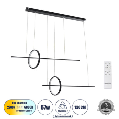 LINEARE 61290 Μοντέρνο Κρεμαστό Φωτιστικό Οροφής LED 67W 7504lm 300° AC 220-240V IP20 Ρυθμιζόμενο Λευκό CCT με Χειριστήριο από 2700K έως 6000K Dimmable - Lumileds SMD Chip - Μαύρο Ματ - Μ130 x Π25 x Υ60