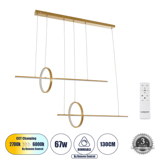 LINEARE 61291 Μοντέρνο Κρεμαστό Φωτιστικό Οροφής LED 67W 7504lm 300° AC 220-240V IP20 Ρυθμιζόμενο Λευκό CCT με Χειριστήριο από 2700K έως 6000K Dimmable - Lumileds SMD Chip - Χρυσό Βούρτσας - Μ130 x Π25 x Υ60