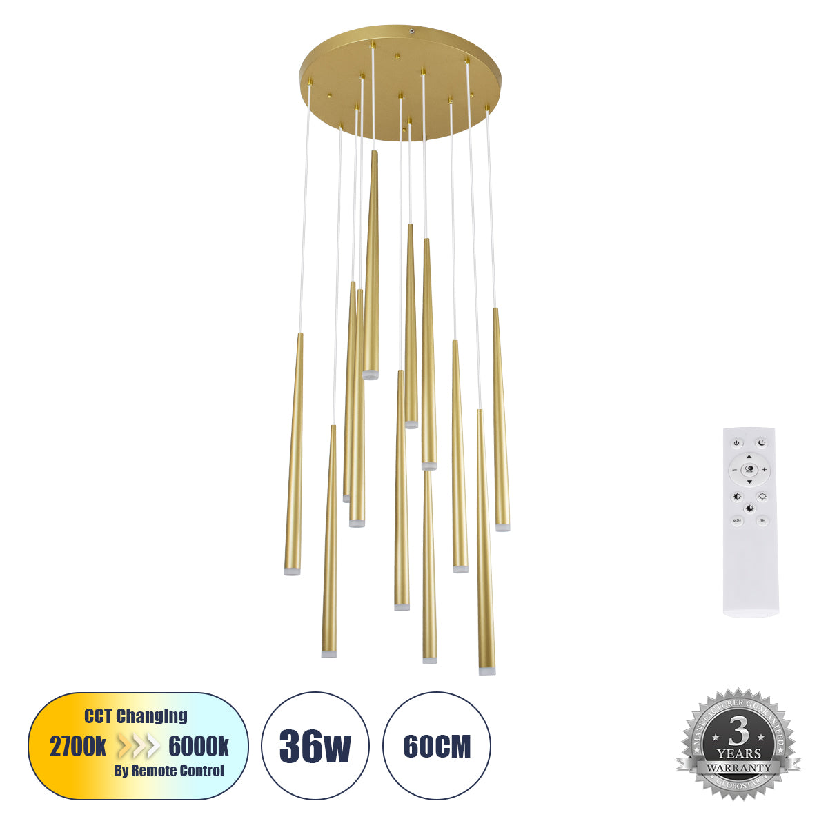 TEARS 61314 Κρεμαστό Φωτιστικό Οροφής Design LED CCT 36W 3960lm 180° AC 220-240V - Εναλλαγή Φωτισμού μέσω Τηλεχειριστηρίου All In One Ψυχρό 6000k+Φυσικό 4500k+Θερμό 2700k Dimmable Φ60 x Υ51.5cm - Χρυσό Βούρτσας