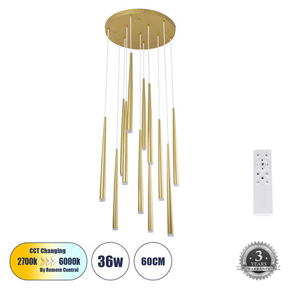 TEARS 61314 Κρεμαστό Φωτιστικό Οροφής Design LED CCT 36W 3960lm 180° AC 220-240V - Εναλλαγή Φωτισμού μέσω Τηλεχειριστηρίου All In One Ψυχρό 6000k+Φυσικό 4500k+Θερμό 2700k Dimmable Φ60 x Υ51.5cm - Χρυσό Βούρτσας