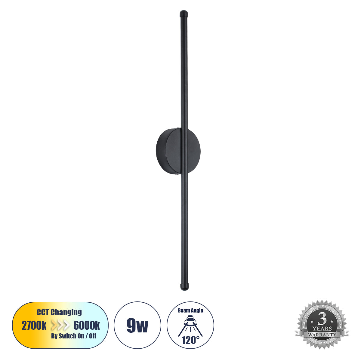 DIADEM 61329 Μοντέρνο Φωτιστικό Τοίχου - Απλίκα LED 9W 1080lm 120° AC 220-240V IP20 Ρυθμιζόμενο Λευκό CCT με On/Off 2700K/4500K/6000K - Lumileds SMD Chip - Μαύρο Ματ - Μ10 x Π4 x Υ60