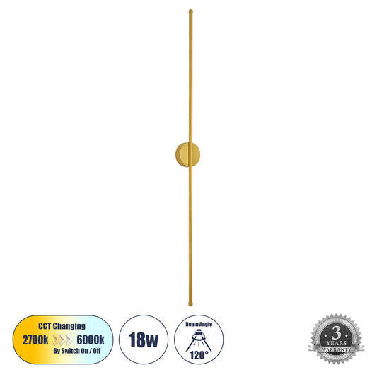 DIADEM 61334 Μοντέρνο Φωτιστικό Τοίχου - Απλίκα LED 18W 2160lm 120° AC 220-240V IP20 Ρυθμιζόμενο Λευκό CCT με On/Off 2700K/4500K/6000K - Lumileds SMD Chip - Χρυσό Βούρτσας - Μ10 x Π4 x Υ120