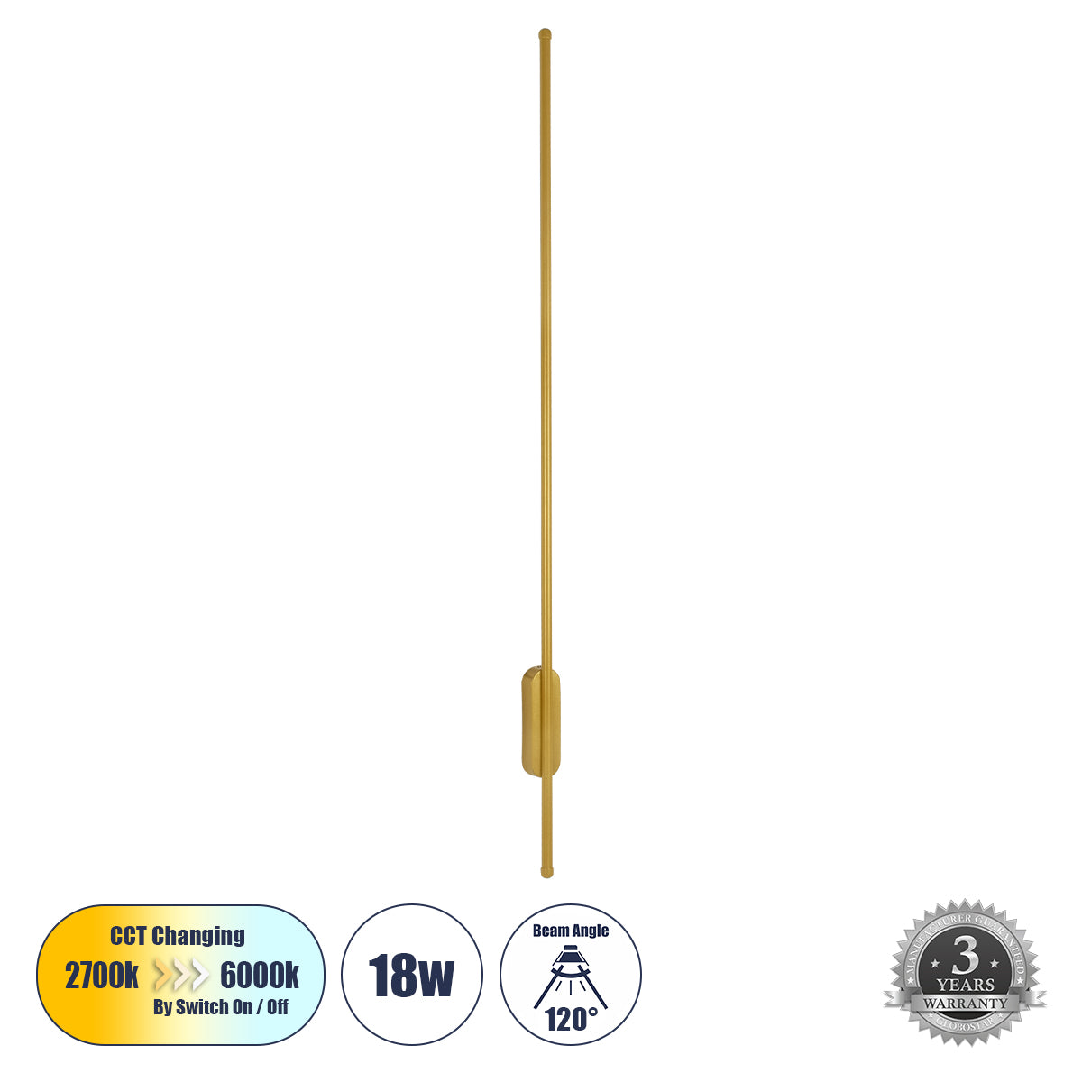 HARLEM 61336 Modern Wall Light - LED Wall Sconce 18W 2160lm 120° AC 220-240V IP20 Adjustable White CCT with On/Off 2700K/4500K/6000K - Lumileds SMD Chip - Brushed Gold - D5 x W4 x H120