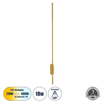 HARLEM 61336 Modern Wall Light - LED Wall Sconce 18W 2160lm 120° AC 220-240V IP20 Adjustable White CCT with On/Off 2700K/4500K/6000K - Lumileds SMD Chip - Brushed Gold - D5 x W4 x H120