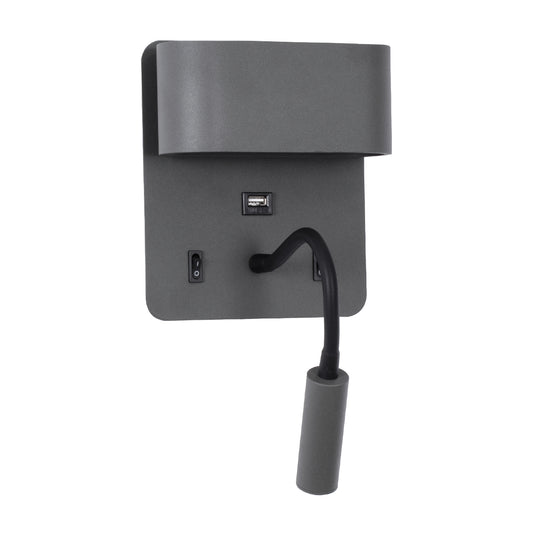 IBIS 61369 Μοντέρνο Φωτιστικό Τοίχου - Απλίκα Ξενοδοχείου Reading Light με Φορτιστή USB 3A LED 10W 1100lm 36° & 360° AC 220-240V IP20 Φυσικό Λευκό 4500K - Bridgelux COB Chip & TÜV SÜD Driver - Γκρι Ανθρακί Ματ - Μ10 x Π6.1 x Υ18