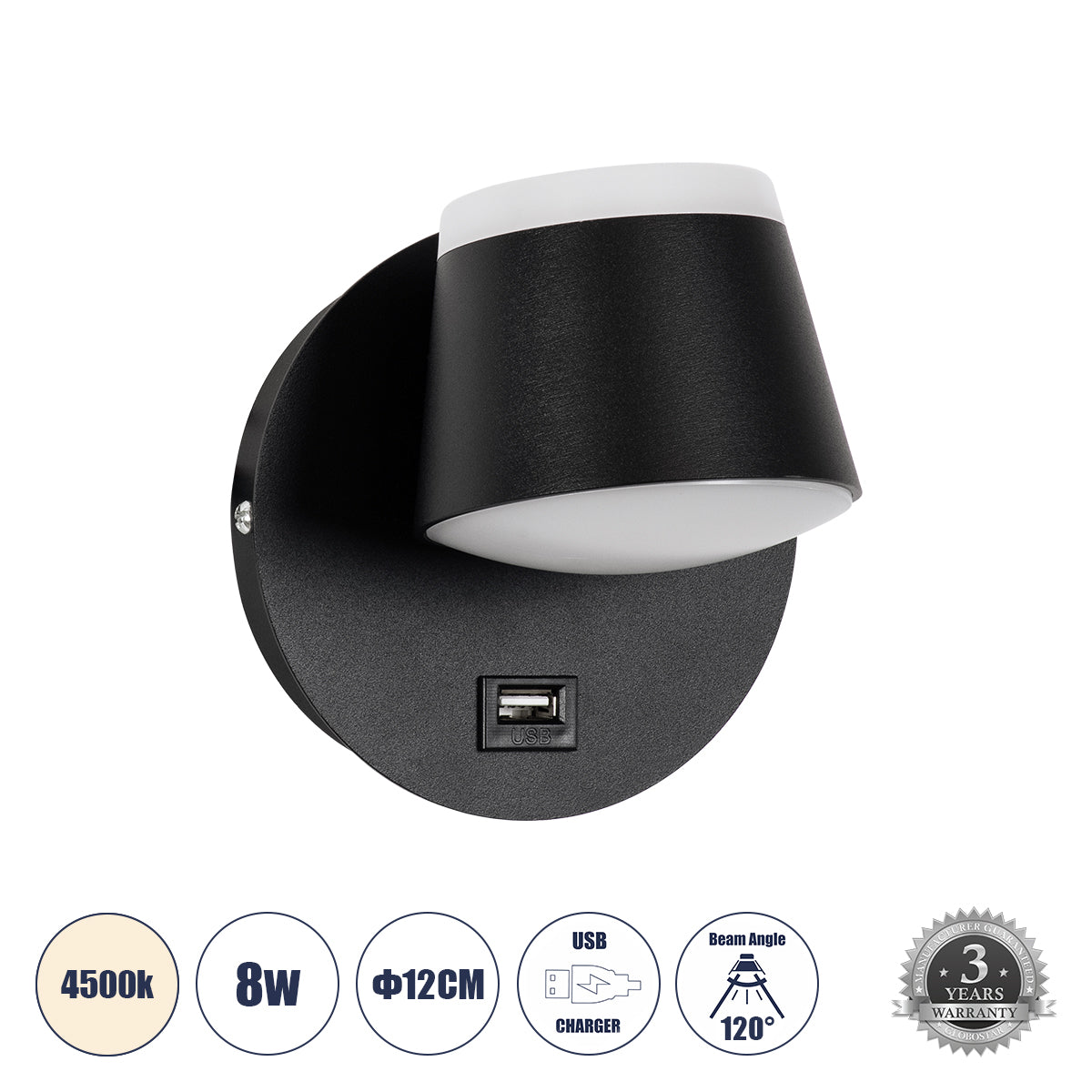 REGENCY 61373 Μοντέρνο Φωτιστικό Τοίχου - Απλίκα Ξενοδοχείου Reading Light με Φορτιστή USB 3A LED 8W 920lm 120° AC 220-240V IP20 Φυσικό Λευκό 4500K - Bridgelux SMD Chip & TÜV SÜD Driver - Μαύρο Ματ - Μ12 x Π12 x Υ13