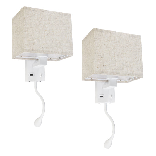 ROULETTE-S 61383 Μοντέρνο Φωτιστικό Τοίχου - Απλίκα Ξενοδοχείου Bed Side LED 3W 360lm & 1 x E27 36° & 360° AC 220-240V - Reading Up/Down Light - Φορτιστής USB 3A - Μ17 x Π20 x Υ37cm - Φυσικό Λευκό 4500K - Λευκό με Μπεζ Καπέλο - Σετ 2 Τεμαχίων