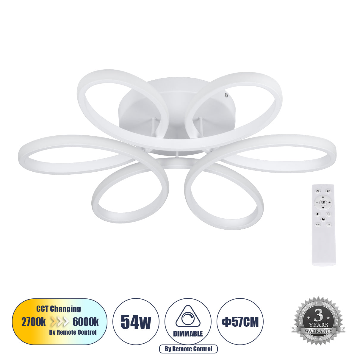 MARGARET 61401 Μοντέρνο Φωτιστικό Οροφής LED 54W 6210lm 360° AC 220-240V IP20 Ρυθμιζόμενο Λευκό CCT με Χειριστήριο από 2700K έως 6000K Dimmable - Lumileds SMD Chip - Λευκό Ματ - Μ57 x Π57 x Υ12