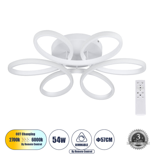 MARGARET 61401 Μοντέρνο Φωτιστικό Οροφής LED 54W 6210lm 360° AC 220-240V IP20 Ρυθμιζόμενο Λευκό CCT με Χειριστήριο από 2700K έως 6000K Dimmable - Lumileds SMD Chip - Λευκό Ματ - Μ57 x Π57 x Υ12