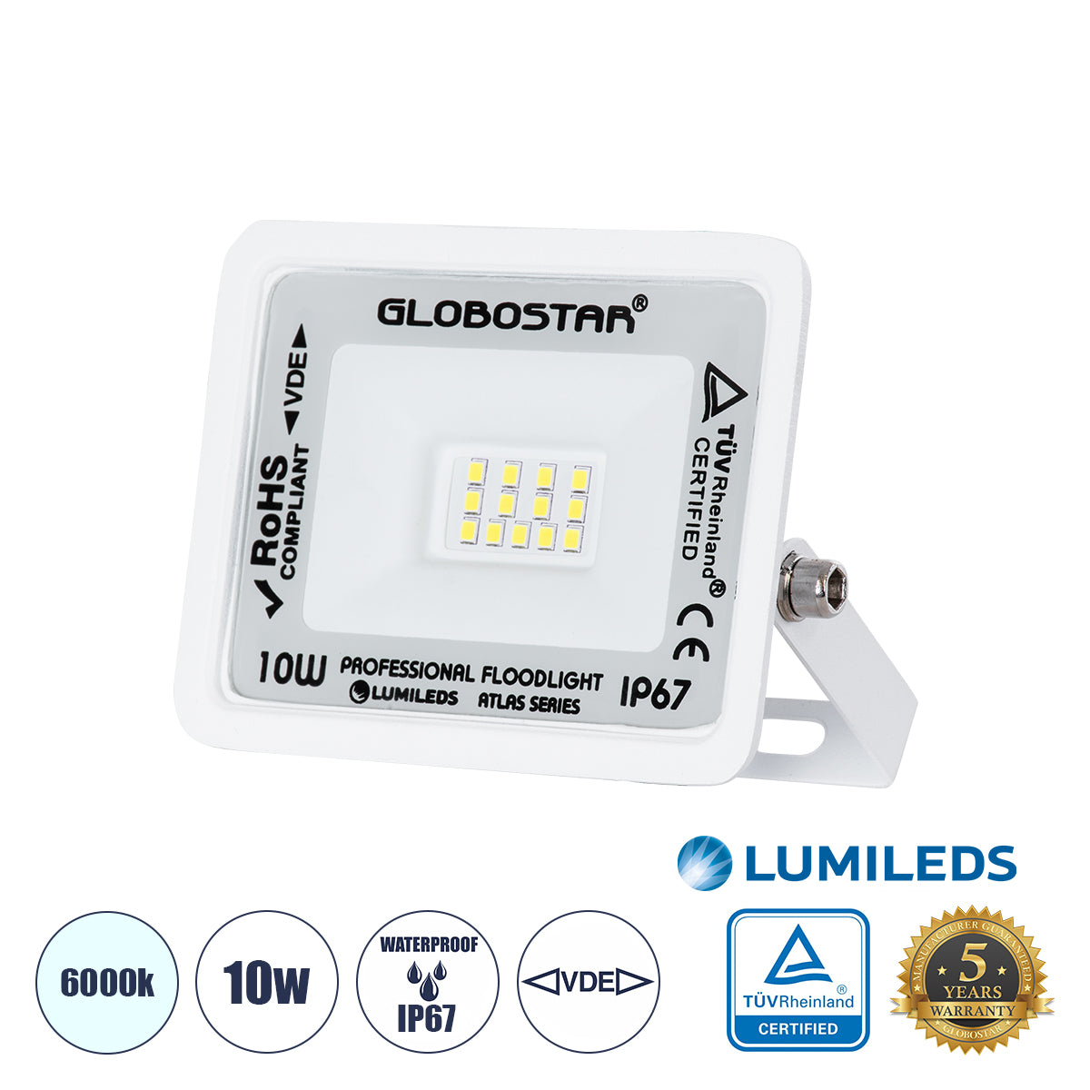 ATLAS 61404 Επαγγελματικός Προβολέας LED 10W 1250lm 120° AC 220-240V - Αδιάβροχος IP67 - Μ10 x Π2 x Υ8cm - Λευκό - Ψυχρό Λευκό 6000K - LUMILEDS Chips - TÜV Rheinland Certified