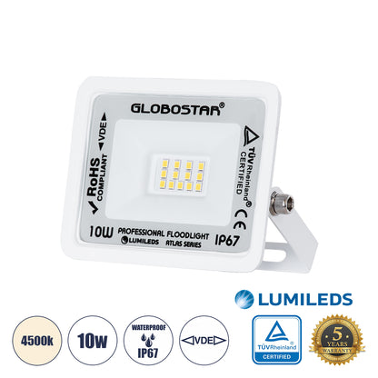 ATLAS 61405 Επαγγελματικός Προβολέας LED 10W 1200lm 120° AC 220-240V - Αδιάβροχος IP67 - Μ10 x Π2 x Υ8cm - Λευκό - Φυσικό Λευκό 4500K - LUMILEDS Chips - TÜV Rheinland Certified - 5 Years Warranty