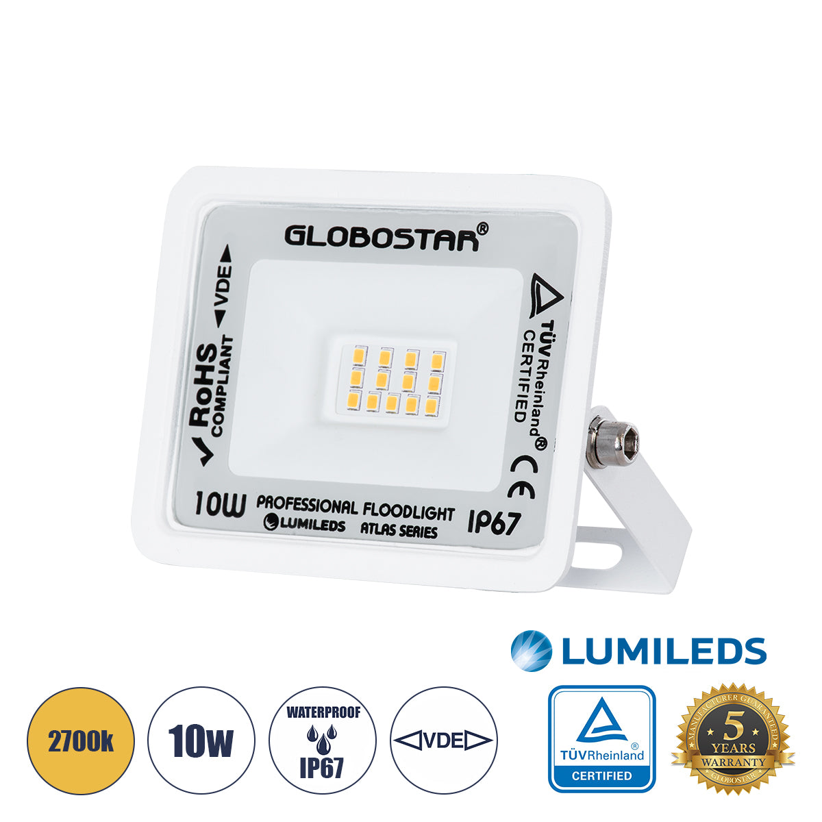 ATLAS 61406 LED Floodlight 10W 1150lm 120° AC 220-240V Waterproof IP67 Warm White 2700K - Lumileds SMD Chip - TÜV Rheinland Certified - Matte White - L10 x W2 x H8