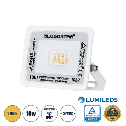 ATLAS 61406 LED Floodlight 10W 1150lm 120° AC 220-240V Waterproof IP67 Warm White 2700K - Lumileds SMD Chip - TÜV Rheinland Certified - Matte White - L10 x W2 x H8