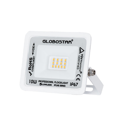 ATLAS 61406 LED Floodlight 10W 1150lm 120° AC 220-240V Waterproof IP67 Warm White 2700K - Lumileds SMD Chip - TÜV Rheinland Certified - Matte White - L10 x W2 x H8